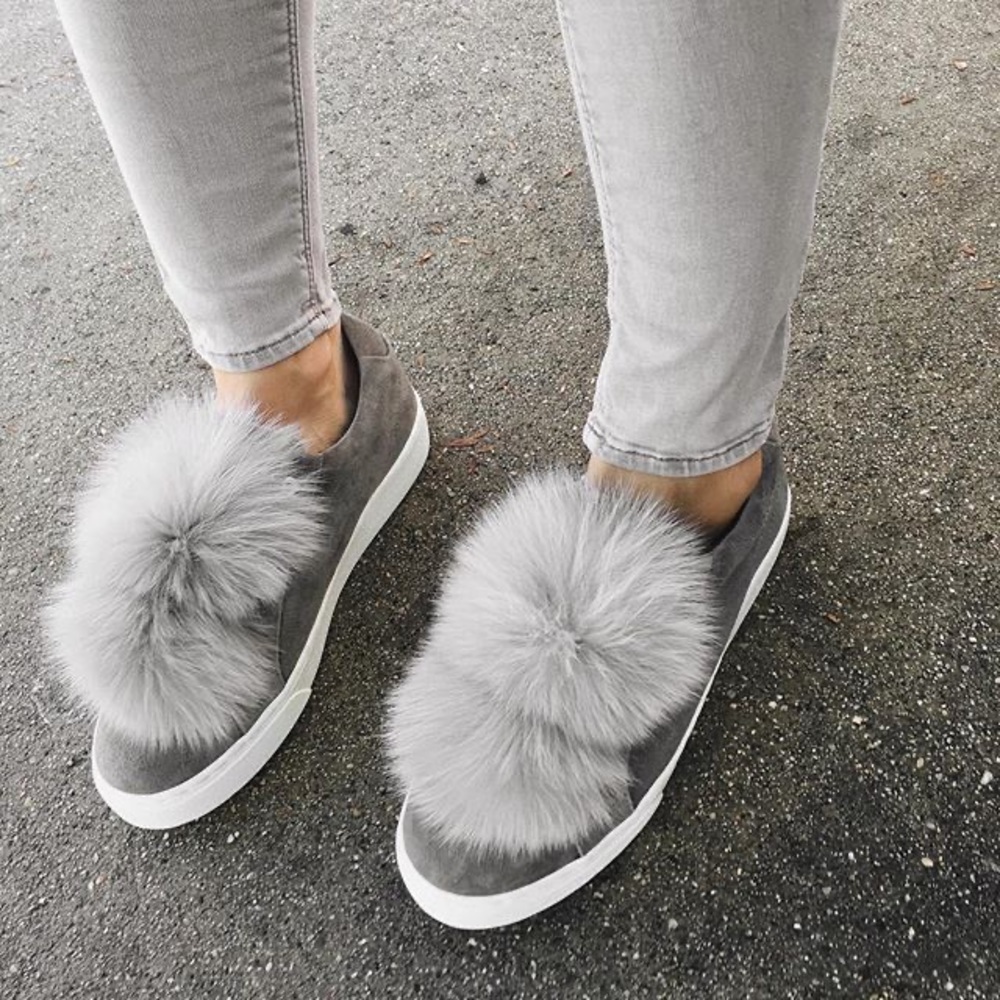 Here/Now Genuine Fox Fur Grey Suede Sneakers - 7